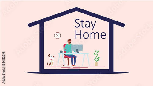 Male works on PC at home. Work at home during an the COVID-19 virus. People work at home to prevent a viral infection.