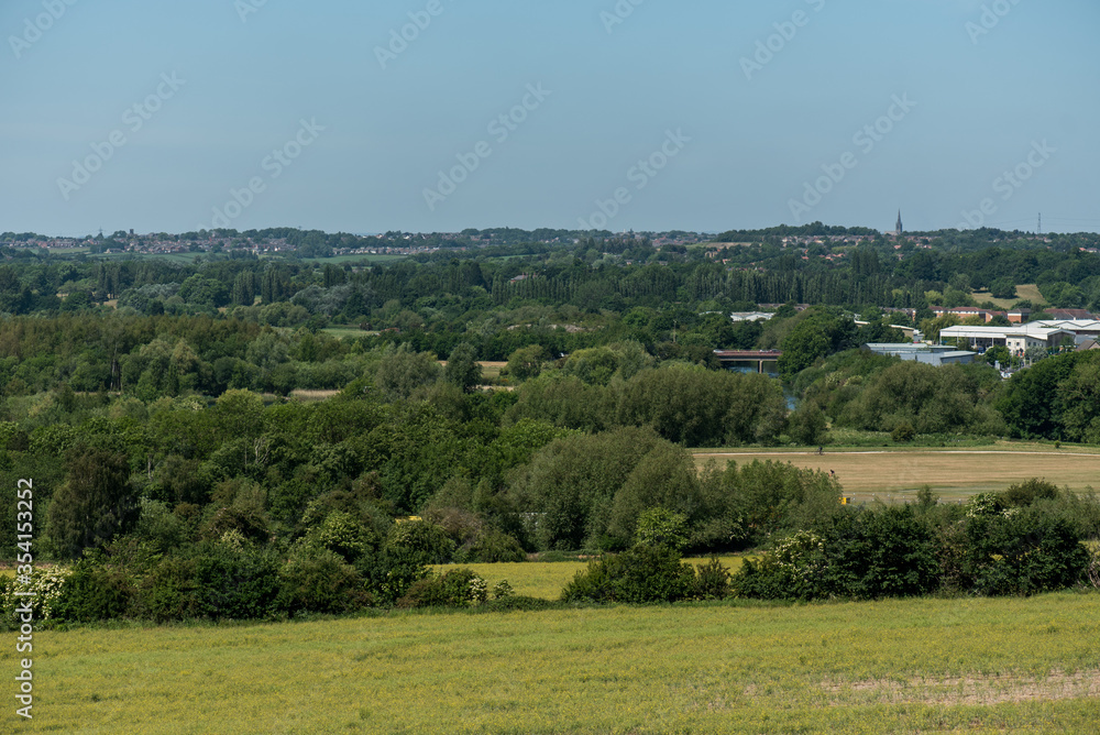 Forests and valleys, view from the Sandal Castle hill, Wakefield, United Kingdom. 