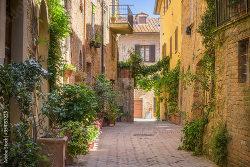 Fototapeta Naklejka Na Ścianę i Meble -  Sunny streets with colorful flowers with contrasting shades. Walk the Tuscan town
