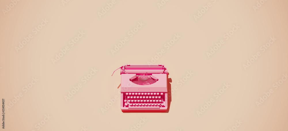 Minimal composition for social media and workplace concept. Pink vintage typewriter machine on pastel background. 3d rendering illustration.