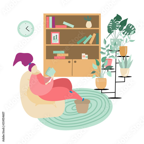 Illustration of a girl sitting in a chair and reading a book, room is furnished with comfortable furniture and plants; spending time at home concept, vector illustration in a flat style