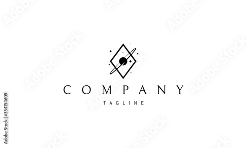 Vector logo on which an abstract image of a planet and stars in a rhombus.