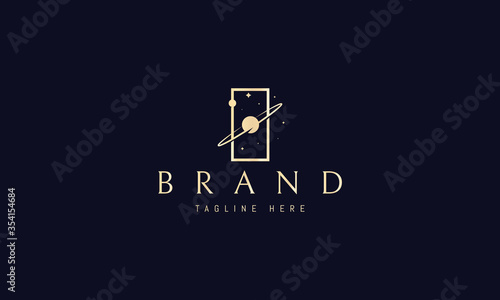 Vector golden logo on which an abstract image of space in a rectangle.