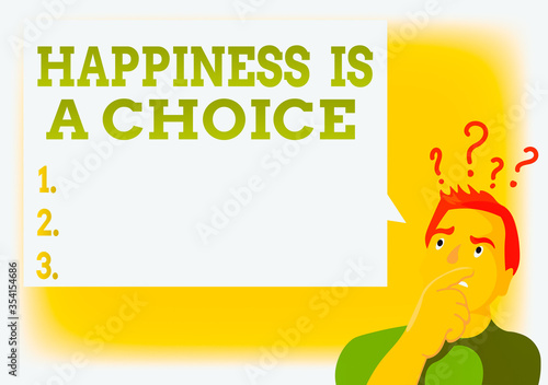 Writing note showing Happiness Is A Choice. Business concept for Stay happy no matter what Inspired Motivated Man Expressing Hand on Mouth Question Mark icon Text Bubble photo