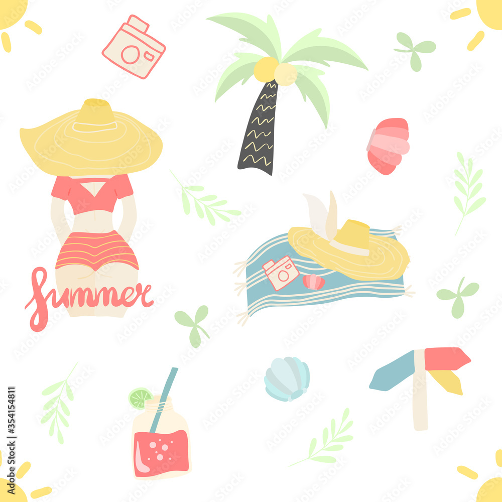 Naklejka premium Seamless pattern of summer elements (palm, hat, shells, summer girl, floral elements, cocktails), vector illustration