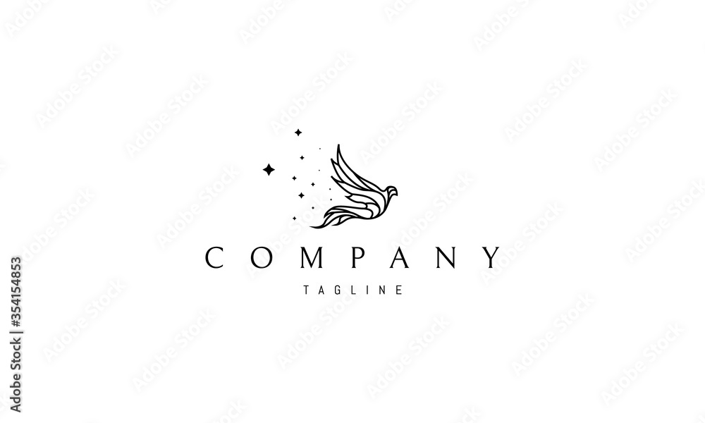 Vector logo on which an abstract image of a magical flying bird, leaving behind itself a trail of stars.