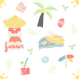 Seamless pattern of summer elements (palm, hat, shells, summer girl, floral elements, cocktails), vector illustration