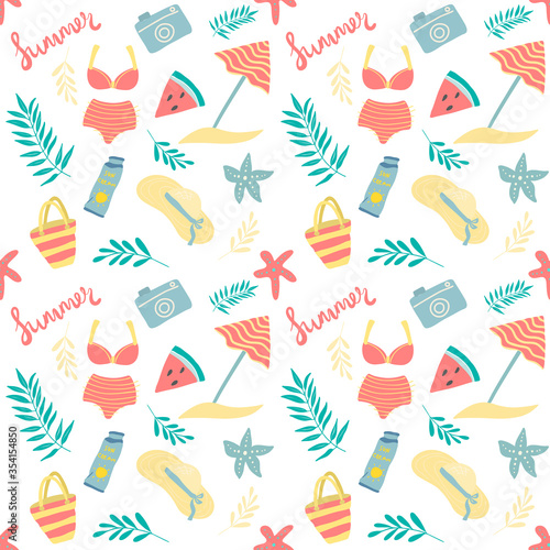 Seamless pattern of various summer elements (hat, beach bag, palm leaves, sea starfish, photocamera, watermelon), vector illustration
