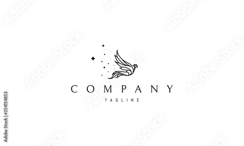 Vector logo on which an abstract image of a magical flying bird, leaving behind itself a trail of stars.
