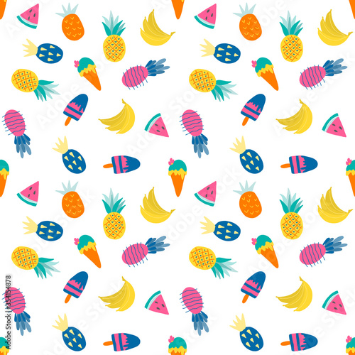 Seamless pattern of  bright ice cream and fruits (pineapple, watermelon and bananas), vector illustration