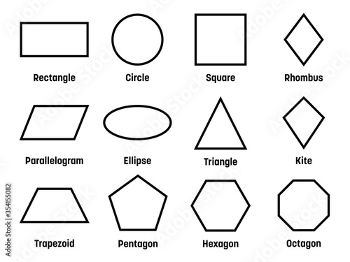 Geometric shapes with labels. Set of 12 basic shapes. Simple flat vector illustration