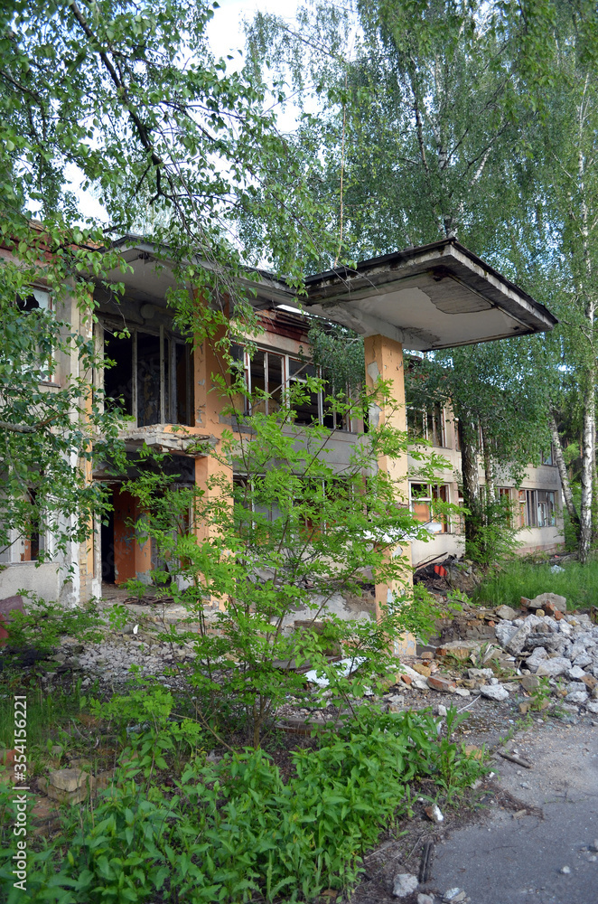 Ghost town in Eastern Europe.Former Soviet kids camp.Ukraine gets rid of the consequences of communism. Ruins. Kiev Region,Ukraine Ghost town in Eastern Europe.Former Soviet kids camp.Ukraine gets rid of the consequences of communism. Ruins. Kiev Region,Ukraine
