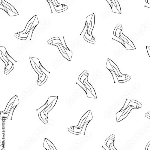 Seamless pattern with high-heeled shoes and an open toe. Design can be used for wallpaper in a girl’s room, wrapping paper, print on a T-shirt or clothes, forms for shoe boutiques. Isolated vector