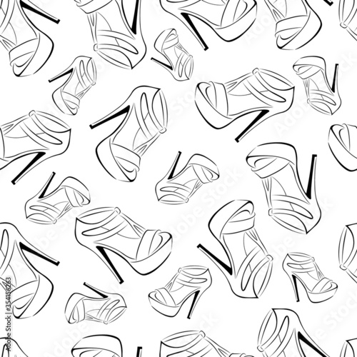 Seamless pattern of sandals with fasteners with high heels. Design can be used for wallpaper, textile, fabric, wrapping paper, print on a t-shirt or clothes, forms for shoe boutiques. Isolated vector 
