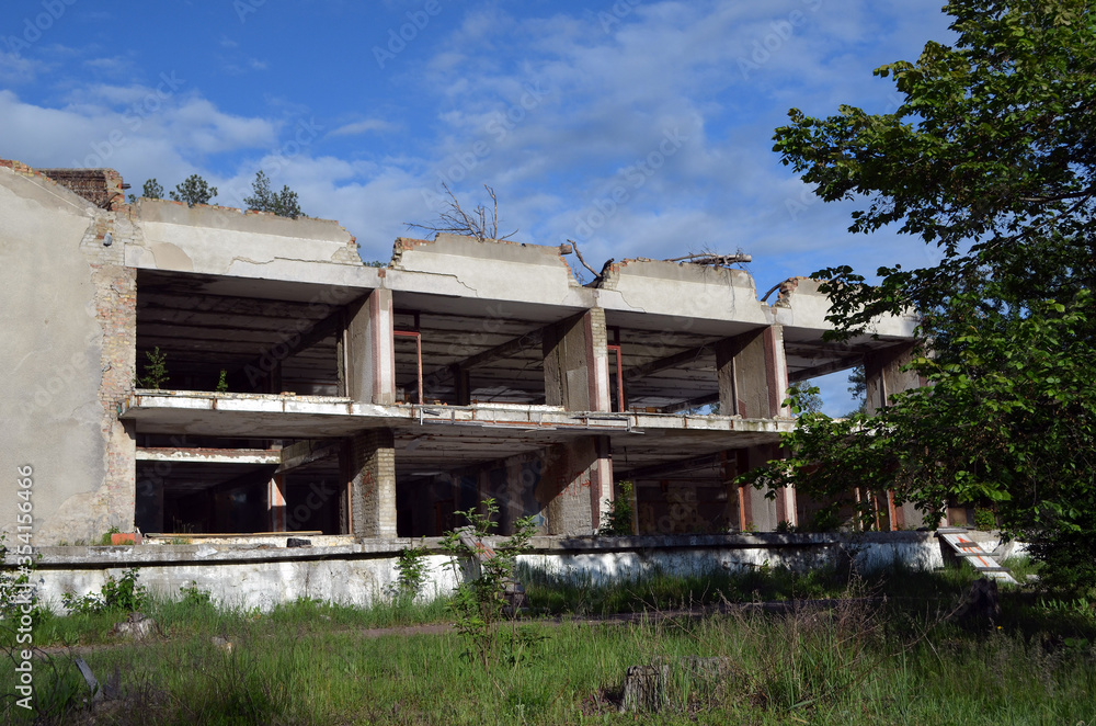 Fototapeta premium Ghost town in Eastern Europe.Former Soviet kids camp.Ukraine gets rid of the consequences of communism. Ruins. Kiev Region,Ukraine