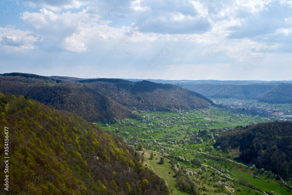 Lookout panoramic view in a valley of the swabian alp in south germany Lookout panoramic view in a valley of the swabian alp in south germany
