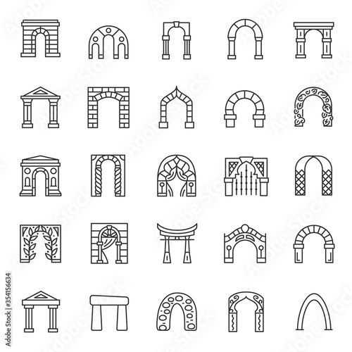 Arches, icon set. Arch architectural element from various materials, linear icons. Line with editable stroke