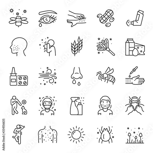 Allergies, allergic diseases, icon set. hypersensitivity of the immune system, linear icons. Allergic reaction to an allergen: food, pollen, dust, etc.Line with editable stroke
