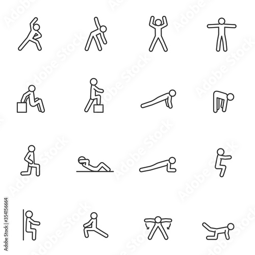 Exercise, charging, icon set. various physical exercises to warm up, and maintain muscle tone, linear icons. Line with editable stroke