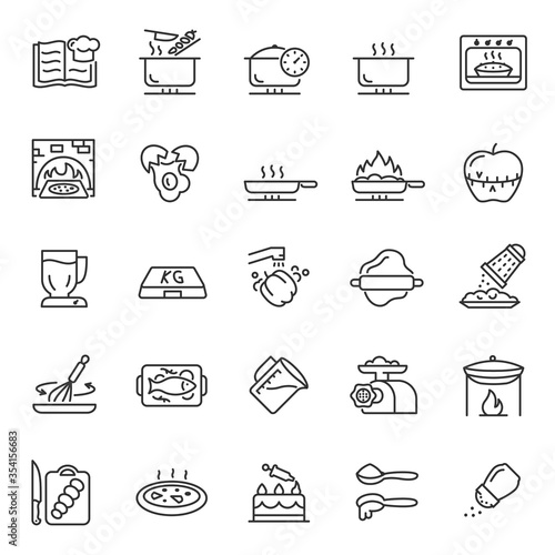 Cooking, preparing food, cookery, icon set. attributes, cooking tools and ingredients, recipe, linear icons. Line with editable stroke