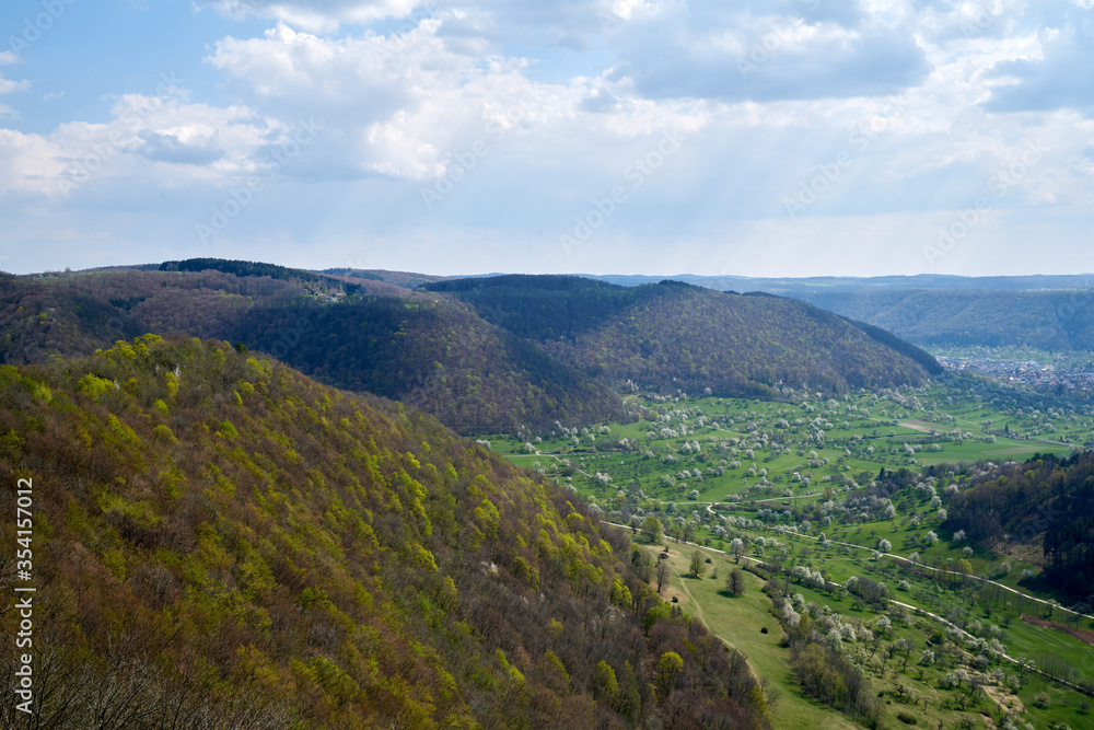 Fototapeta premium Lookout panoramic view in a valley of the swabian alp in south germany