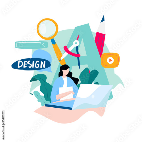 Design studio, designing, graphic design, drawing, art, creative ideas, education flat vector illustration. Online courses and tutorials concept for mobile and web graphics