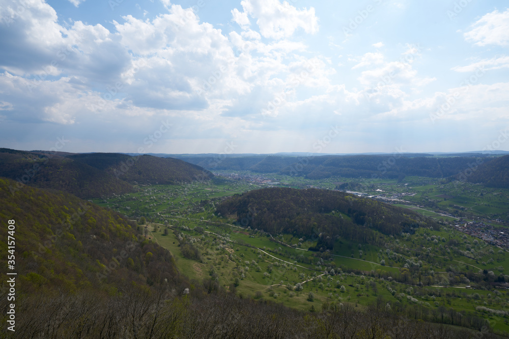 Obraz premium Lookout panoramic view in a valley of the swabian alp in south germany