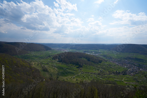 Lookout panoramic view in a valley of the swabian alp in south germany