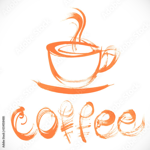 Drawing thick orange paint in broad strokes cup of coffee and a handwritten signature