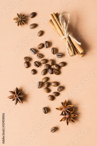 Coffee beans and spices. Top view.