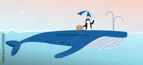 Penguin traveler rides a whale taxi