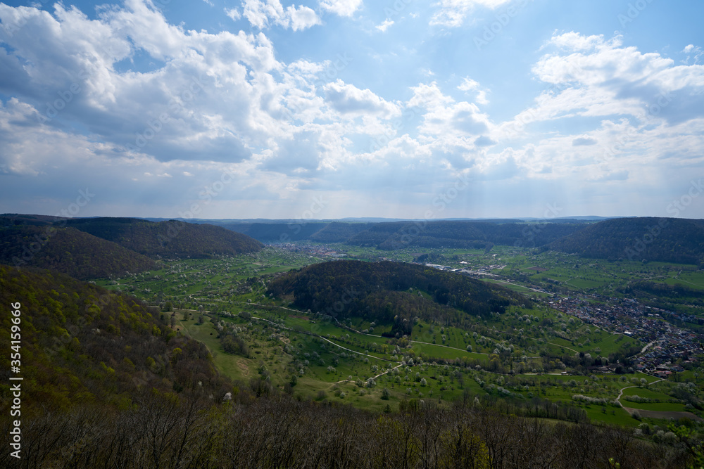 Lookout panoramic view in a valley of the swabian alp in south germany Lookout panoramic view in a valley of the swabian alp in south germany
