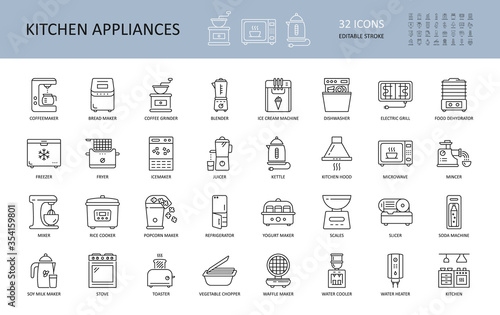 Vector kitchen appliances icons. Editable Stroke. Appliances for cooking food, coffee drinks yogurt bread. Blender mixer microwave fruit dehydrator. Fridge freezer water boiler stove cooler scales