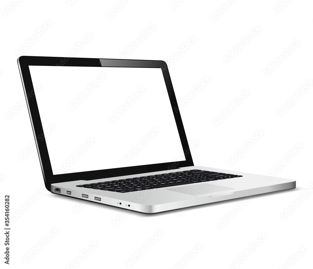 Realistic laptop isolated on white background. Computer notebook with empty screen