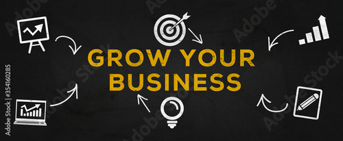 Creative Illustration text Design (grow your business) on dark asphalt texture.