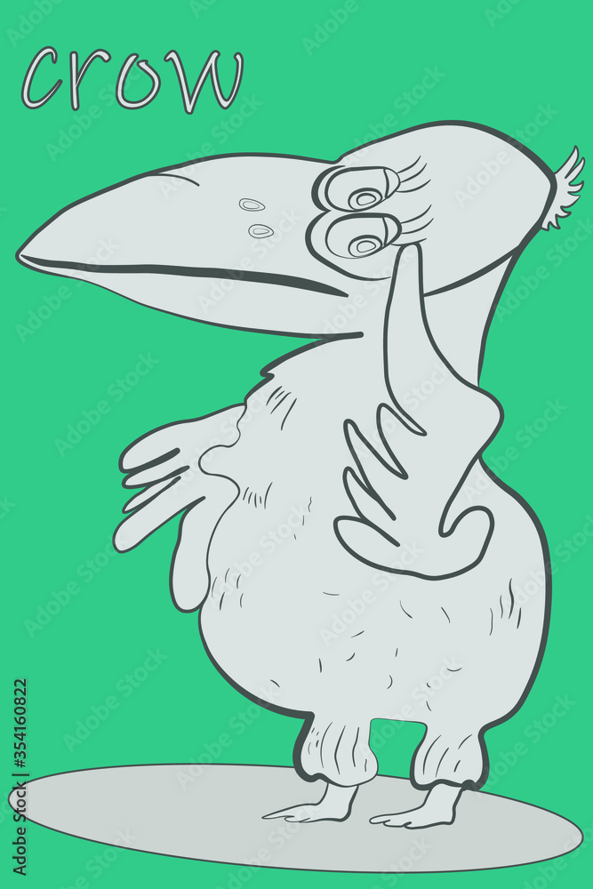 Sketch. Funny fat crow on a blue background with the inscription Crow Sketch. Funny fat crow on a blue background with the inscription Crow