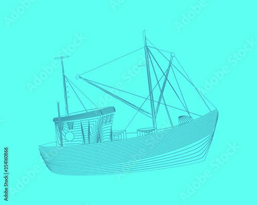 Marine graphic illustration. Fisherboat consist of lines. Digital element design for business cards, invitations, gift cards, flyers and brochures, web.