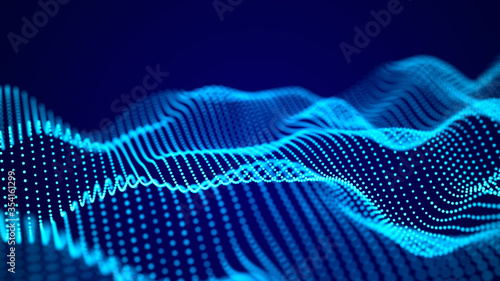 Digital dynamic wave of particles. Abstract blue futuristic background. Big data visualization. 3D rendering.