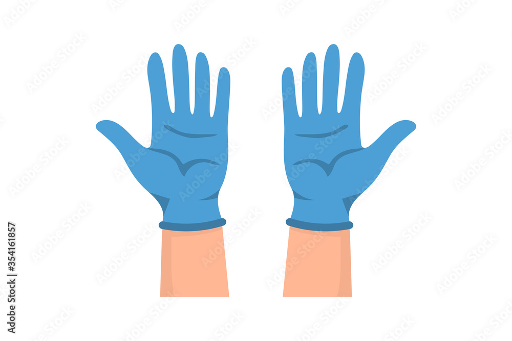 Hands in medical gloves. Hands put on rubber gloves to prevent infection and bacteria getting. Latex protective gloves. Vector illustration flat design protection against viruses and bacteria Hands in medical gloves. Hands put on rubber gloves to prevent infection and bacteria getting. Latex protective gloves. Vector illustration flat design protection against viruses and bacteria