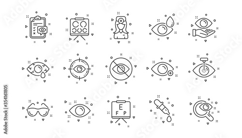 Medical laser surgery, glasses and eyedropper. Optometry, Eye doctor line icons. Pink eye, Cataract surgery and allergy icons. Optician board, oculist chart. Linear set. Geometric elements. Vector