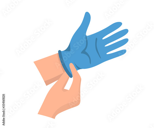 Hands in medical gloves. Hands put on rubber gloves to prevent infection and bacteria getting. Latex protective gloves. Vector illustration flat design protection against viruses and bacteria