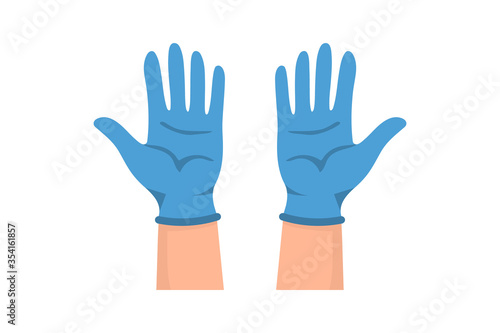 Hands in medical gloves. Hands put on rubber gloves to prevent infection and bacteria getting. Latex protective gloves. Vector illustration flat design protection against viruses and bacteria