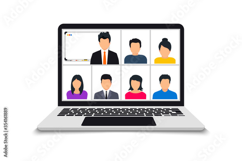 Conference video call. Online meeting in video call. Web Video Conference. Team using laptop for a online meeting. Working from home share ideas brainstorming negotiating, pc screen