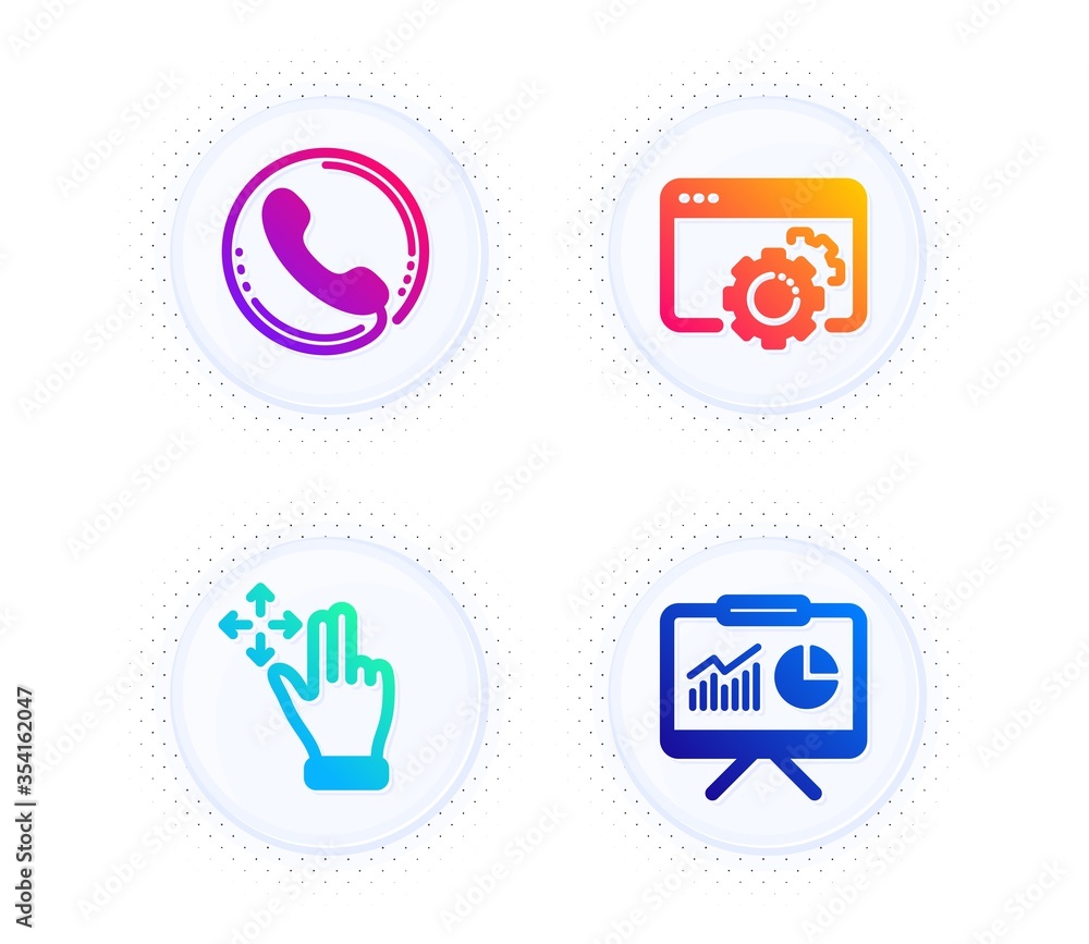 Move gesture, Call center and Seo gear icons simple set. Button with halftone dots. Presentation sign. Swipe, Phone support, Settings. Board with charts. Technology set. Vector