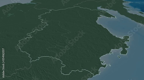 Maga Buryatdan, region with its capital, zoomed and extruded on the administrative map of Russia in the conformal Stereographic projection. Animation 3D photo