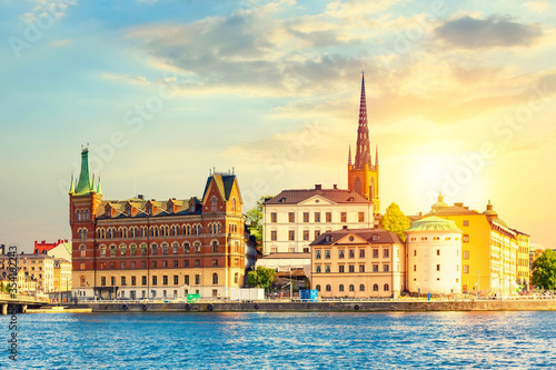 Scenic summer sunset panorama of the Old Town Gamla Stan architecture in Stockholm, Sweden