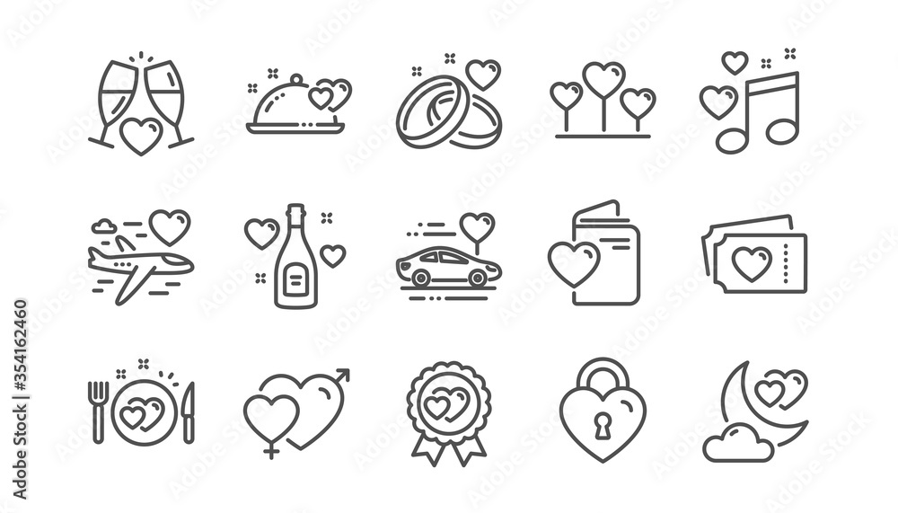 Honeymoon line icons set. Marriage rings, Wedding car, love. Bridal champagne, Valentine heart icons. Couple tickets, honeymoon travel, married night. Wedding love music. Linear set. Vector