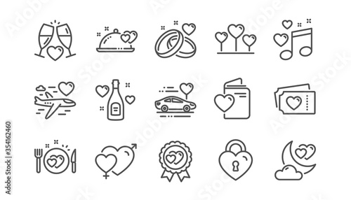 Honeymoon line icons set. Marriage rings, Wedding car, love. Bridal champagne, Valentine heart icons. Couple tickets, honeymoon travel, married night. Wedding love music. Linear set. Vector