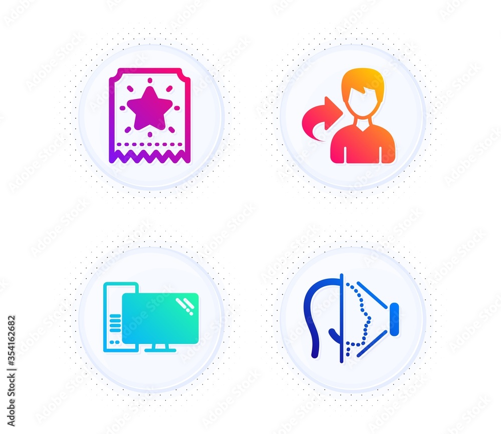 Computer, Share and Loyalty ticket icons simple set. Button with halftone dots. Face id sign. Pc component, Male user, Bonus star. Phone scanning. Business set. Gradient flat computer icon. Vector Computer, Share and Loyalty ticket icons simple set. Button with halftone dots. Face id sign. Pc component, Male user, Bonus star. Phone scanning. Business set. Gradient flat computer icon. Vector