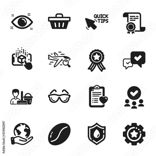 Set of Business icons, such as Augmented reality, Cleaning service. Certificate, approved group, save planet. Blood donation, Shopping basket, Coffee beans. Vector